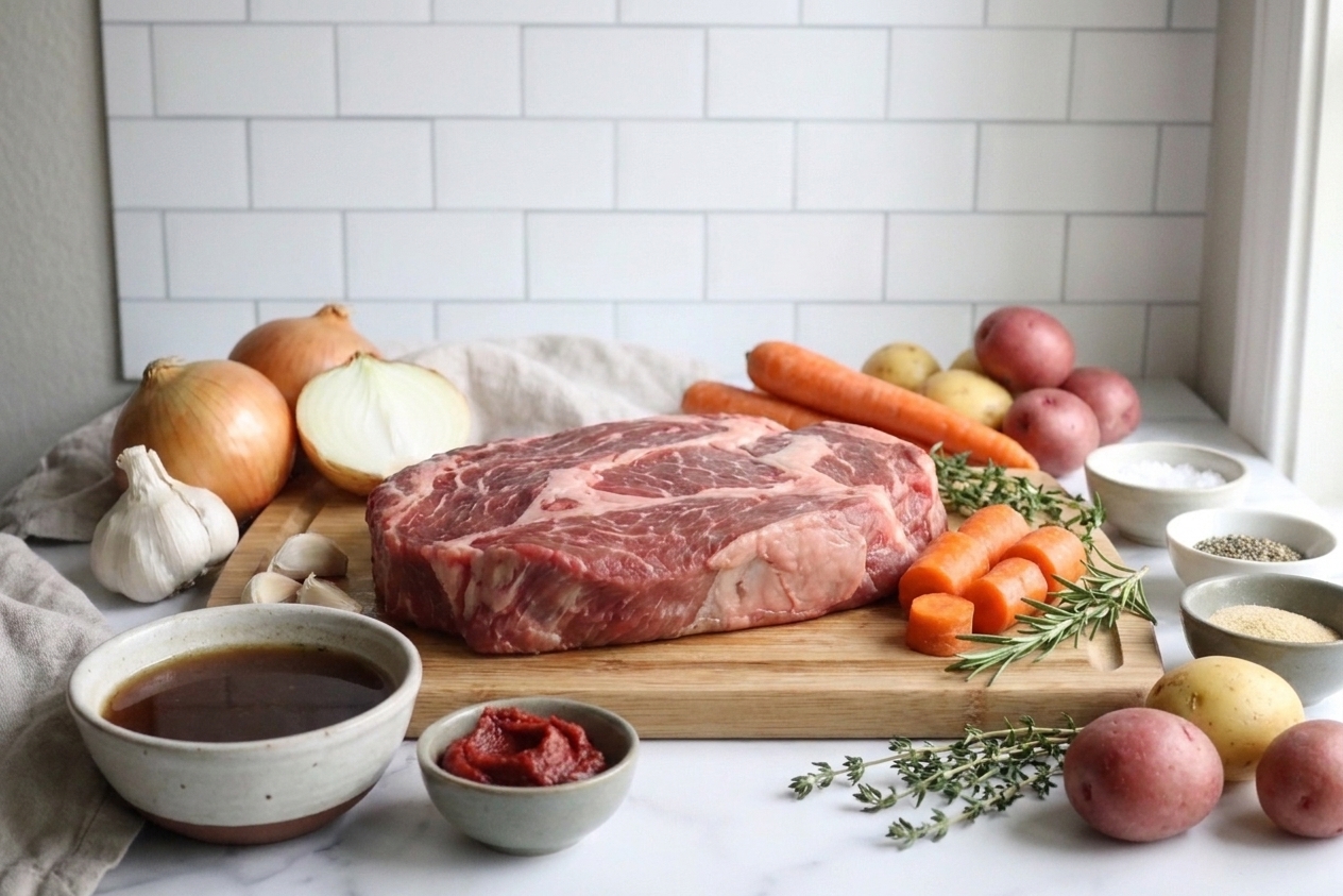 Raw chuck roast surrounded by onions, garlic, carrots, potatoes, broth, tomato paste, and herbs arranged on a bright kitchen countertop