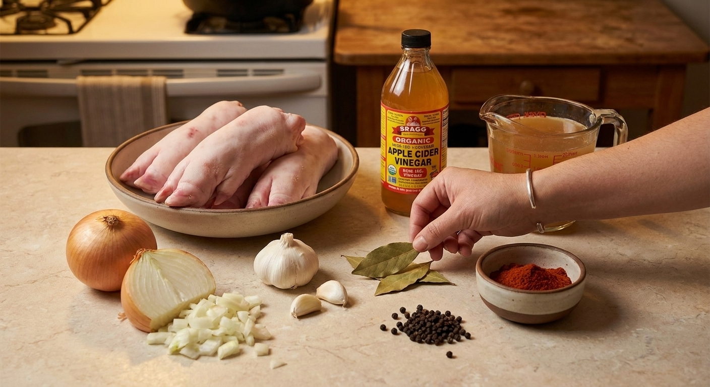 Raw cleaned pig feet, onion, garlic, apple cider vinegar, bay leaves, black peppercorns, paprika, and broth arranged on a light stone kitchen counter