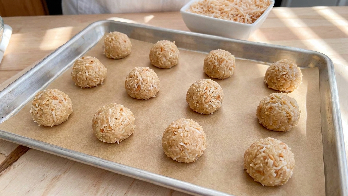 Raw coconut cookie dough balls spaced evenly on a parchment lined baking sheet on a kitchen counter
