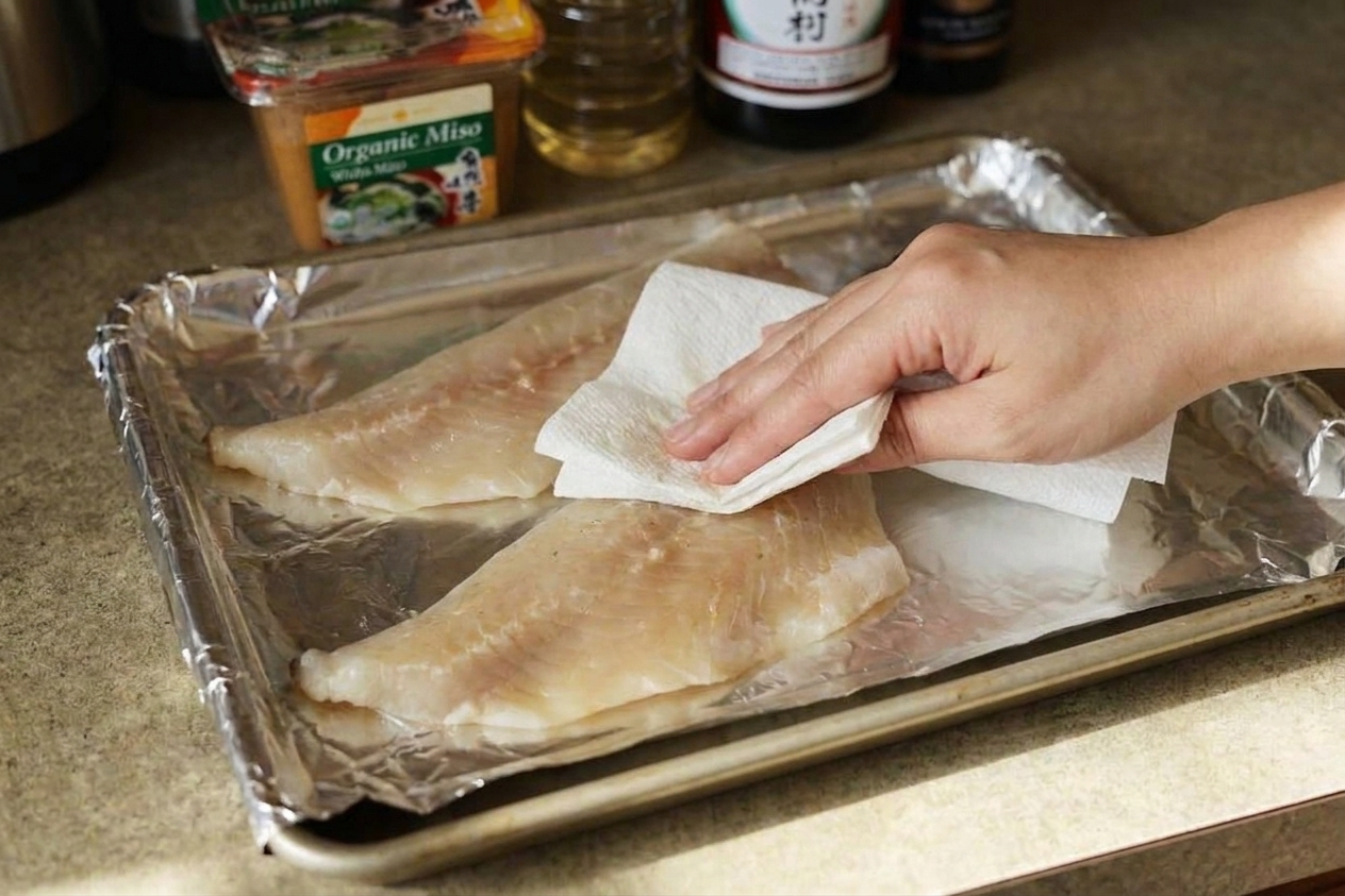 Raw cod fillets being gently patted dry with paper towels on a foil-lined sheet pan on a kitchen counter