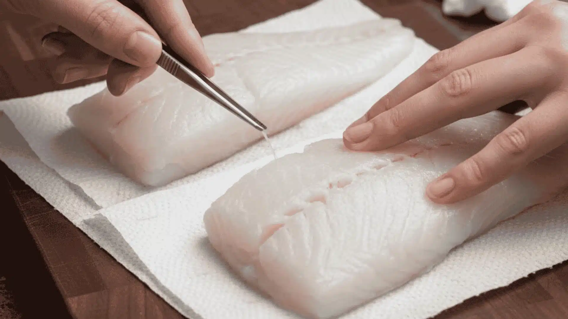Raw cod fillets being patted dry with paper towels on a cutting board next to a bowl of seasoned flour