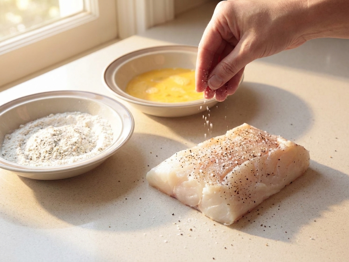 Raw cod fillets being seasoned with salt and spices beside bowls of flour mixture and egg wash on a clean kitchen counter with warm natural light