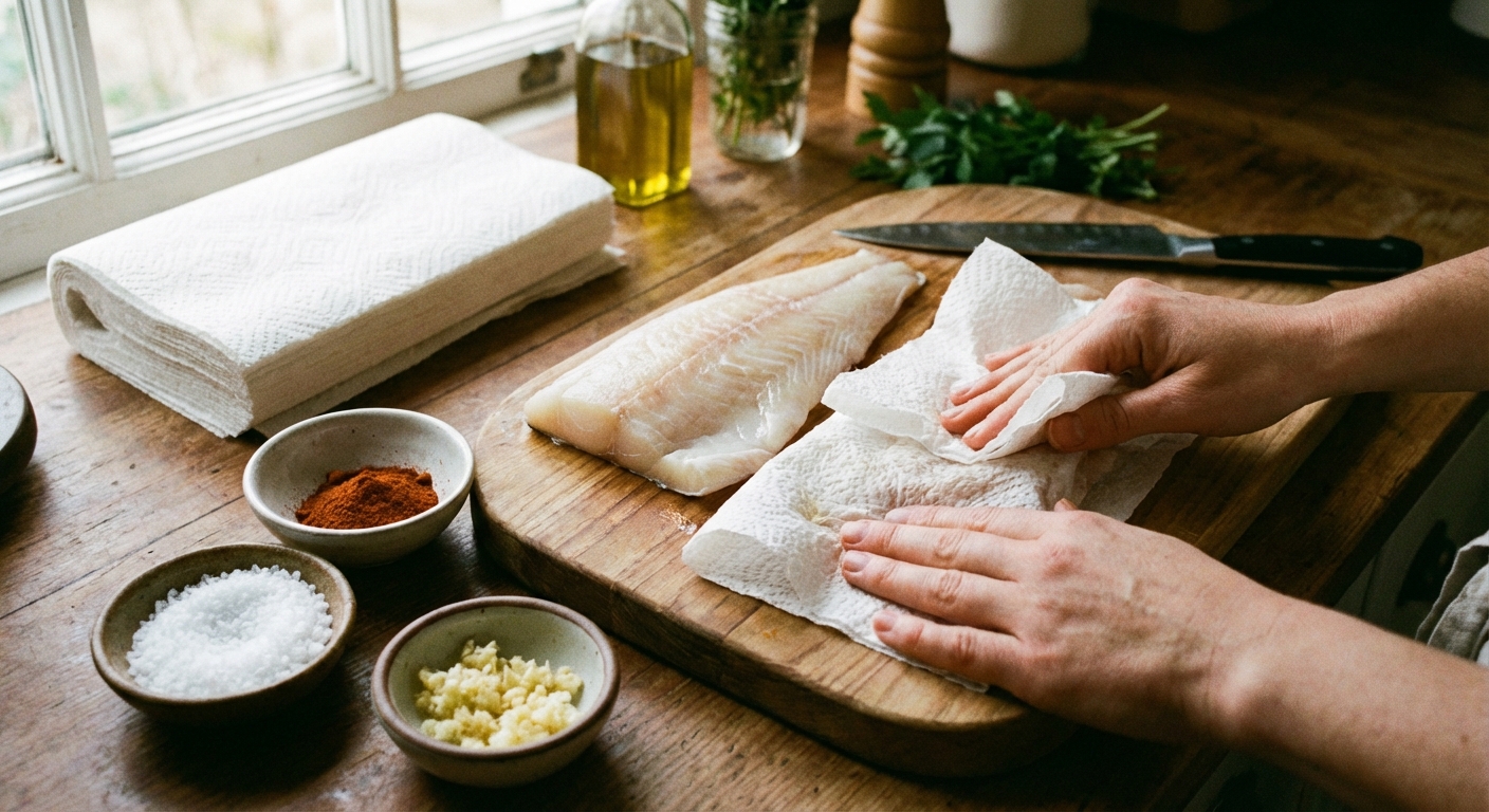 Raw cod fillets on a cutting board being patted dry with paper towels with bowls of salt, paprika, and minced garlic nearby