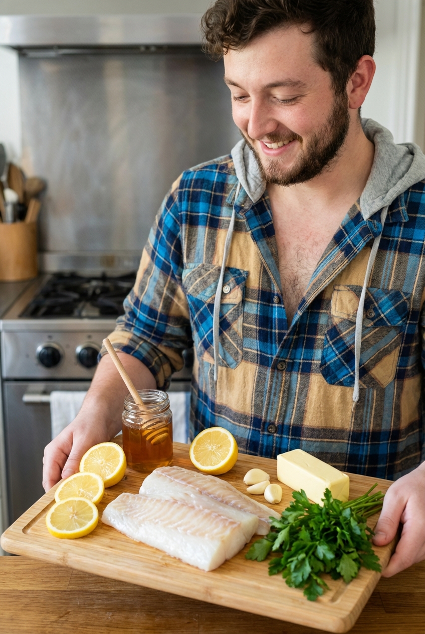 Raw cod fillets on a cutting board with lemon, honey, butter, garlic, and parsley