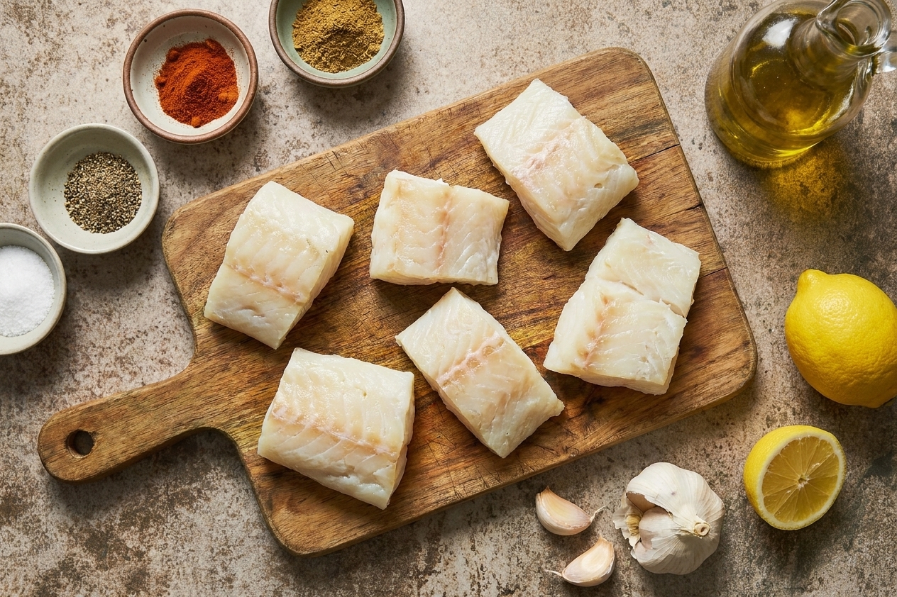 Raw cod fillets on a cutting board with small bowls of spices, a lemon, garlic, and a bottle of olive oil on a kitchen counter