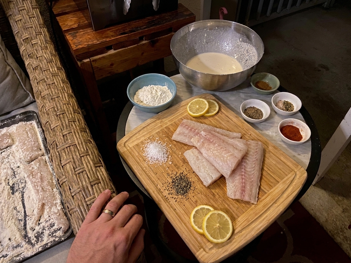 Raw cod fillets patted dry on a cutting board with salt, pepper, lemon, and small bowls of flour and spices nearby