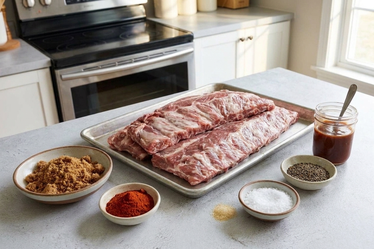 Raw country style pork ribs on a sheet pan surrounded by small bowls of brown sugar, paprika, garlic powder, salt, pepper, and barbecue sauce on a warm kitchen counter