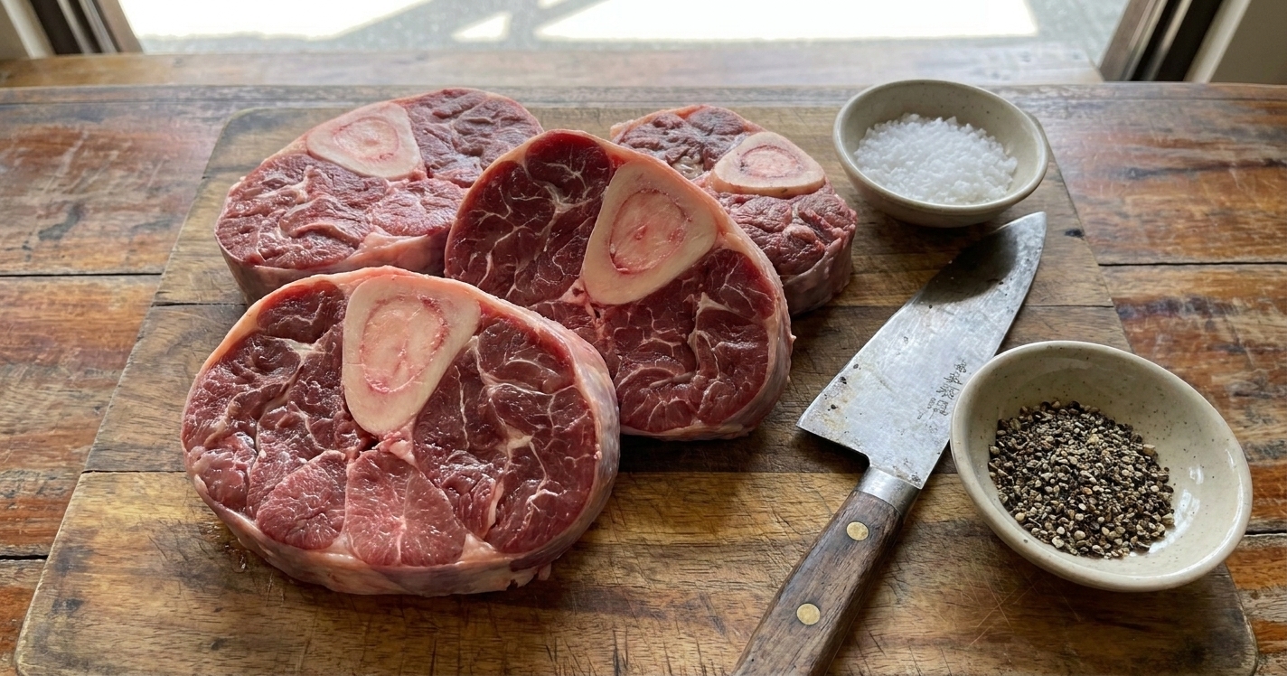 Raw cross-cut beef shanks on a cutting board showing the center marrow bone, with a chef knife and small bowls of salt and pepper nearby