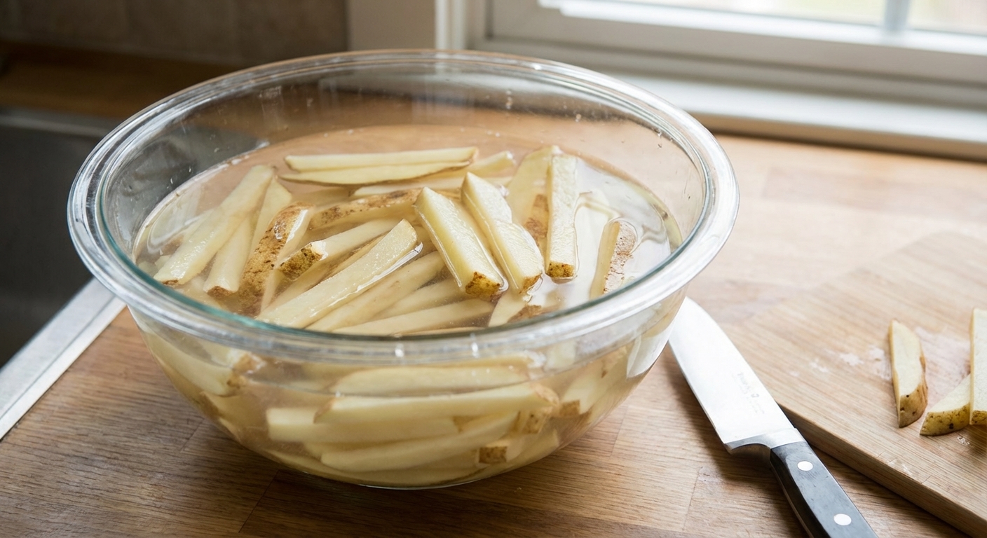 Raw cut potato fries soaking in a clear glass bowl of water on a kitchen counter