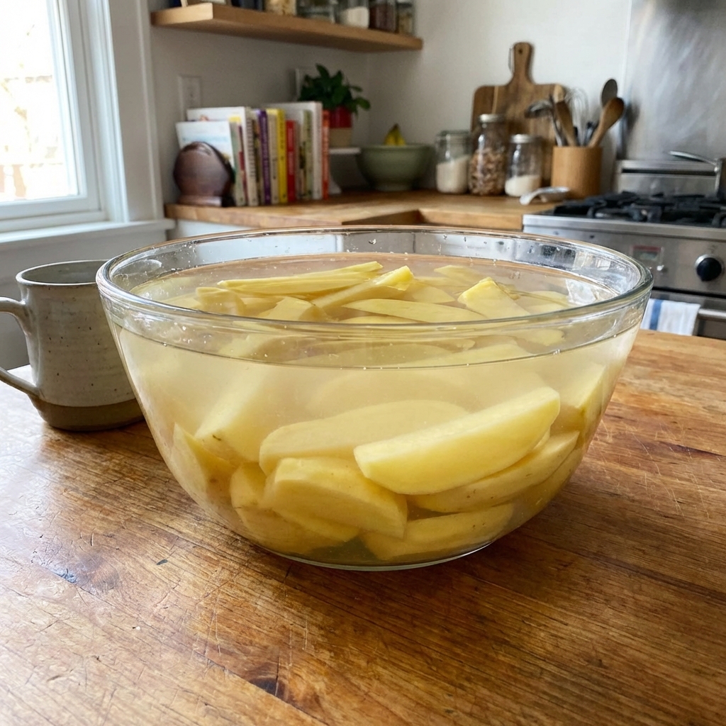 Raw cut potatoes soaking in a bowl of cold water on a kitchen counter