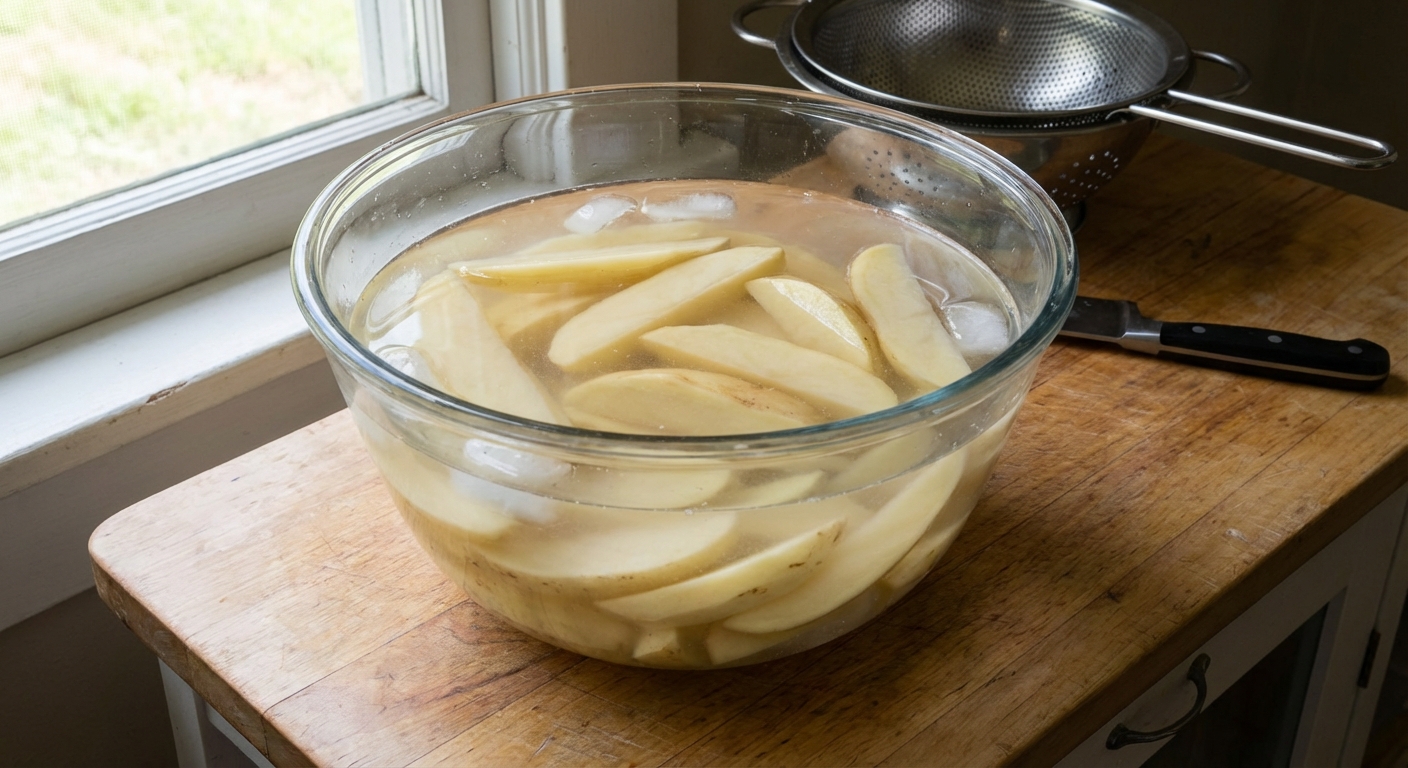 Raw cut potatoes soaking in a large bowl of cold water on a kitchen counter