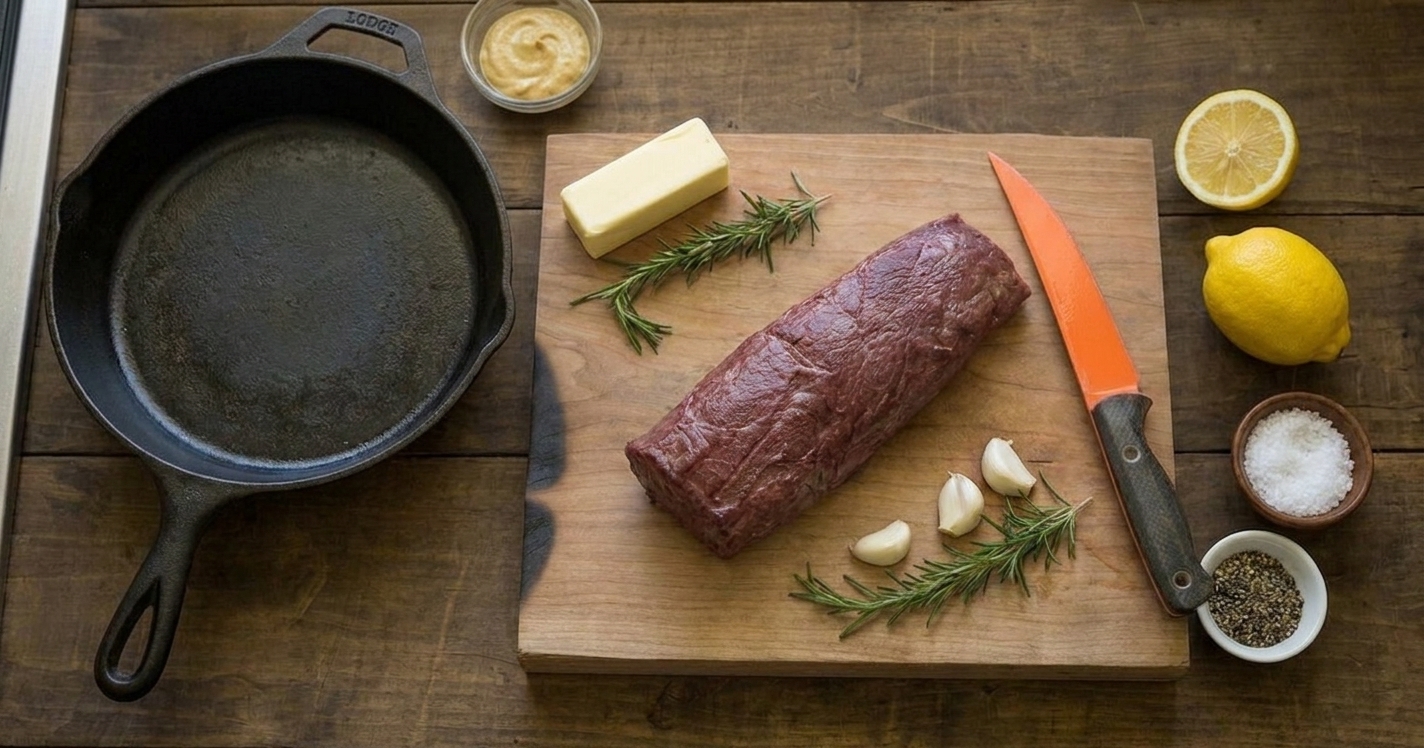 Raw deer backstrap, butter, rosemary, garlic, lemon, Dijon mustard, and seasonings arranged on a wooden kitchen counter with a cast iron skillet nearby