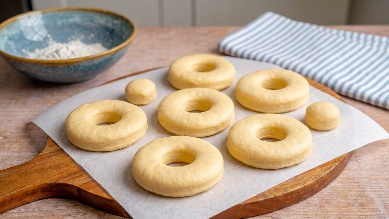 Raw donut rings and donut holes cut from dough on parchment