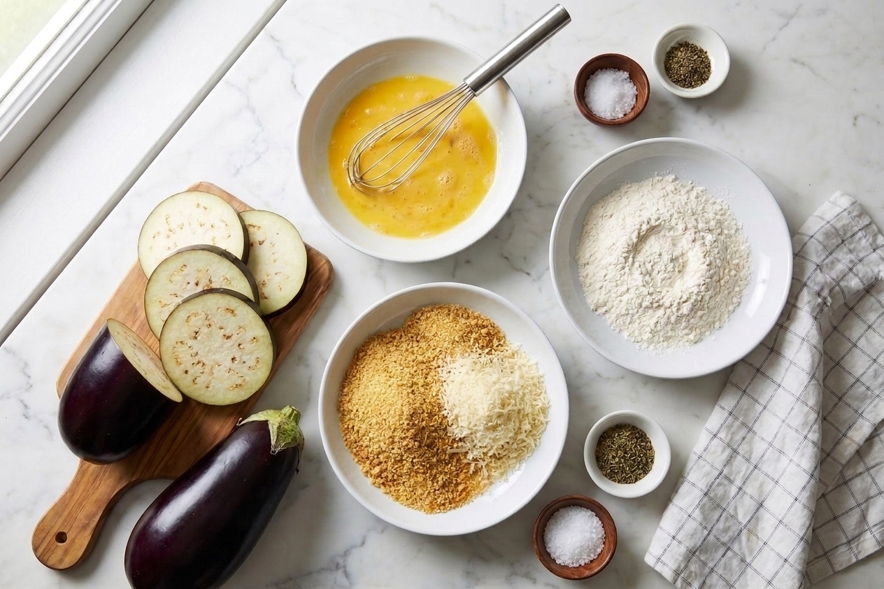 Raw eggplant, eggs, flour, breadcrumbs, Parmesan, and seasonings arranged on a light kitchen counter