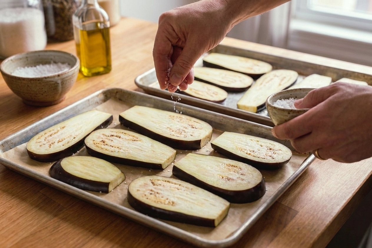 Raw eggplant planks arranged in a single layer on parchment-lined sheet pans on a kitchen counter