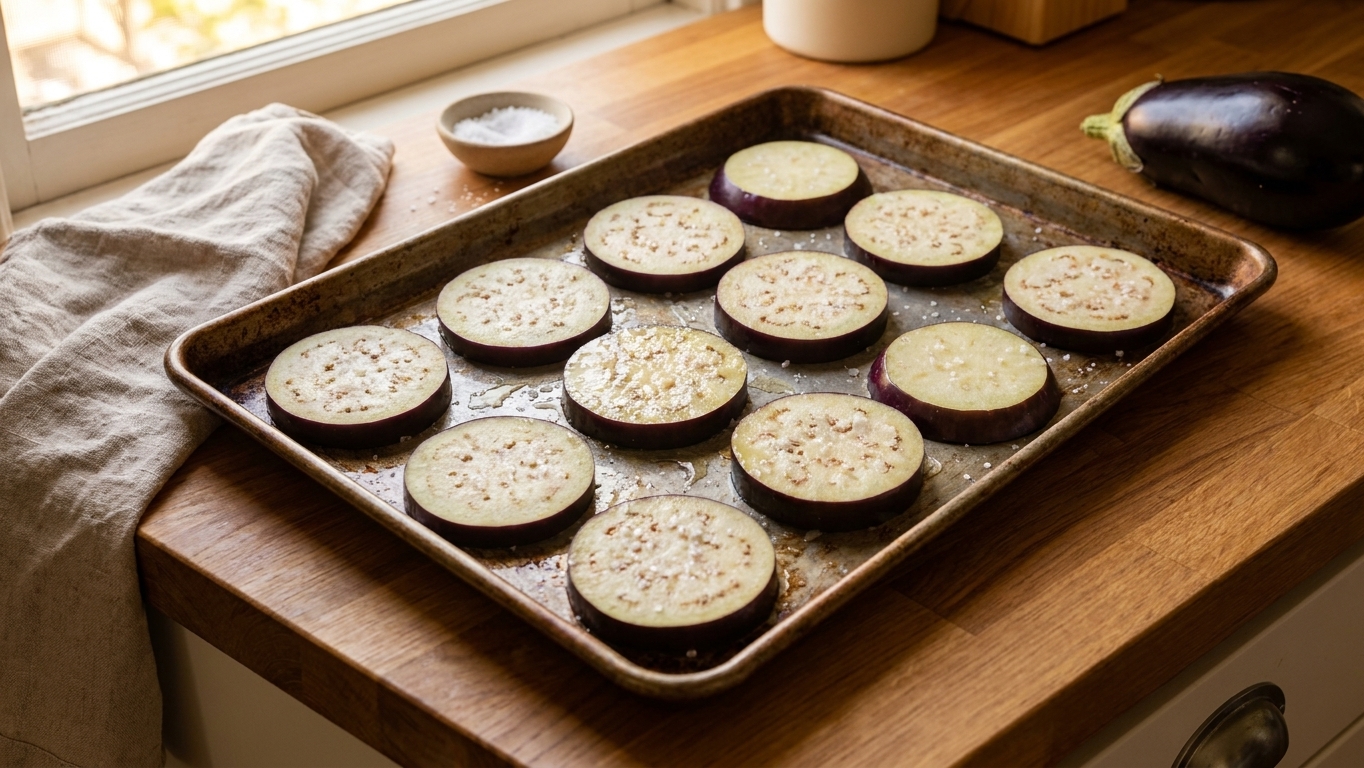 Raw eggplant slices laid in a single layer on a baking sheet, lightly salted, on a warm kitchen counter