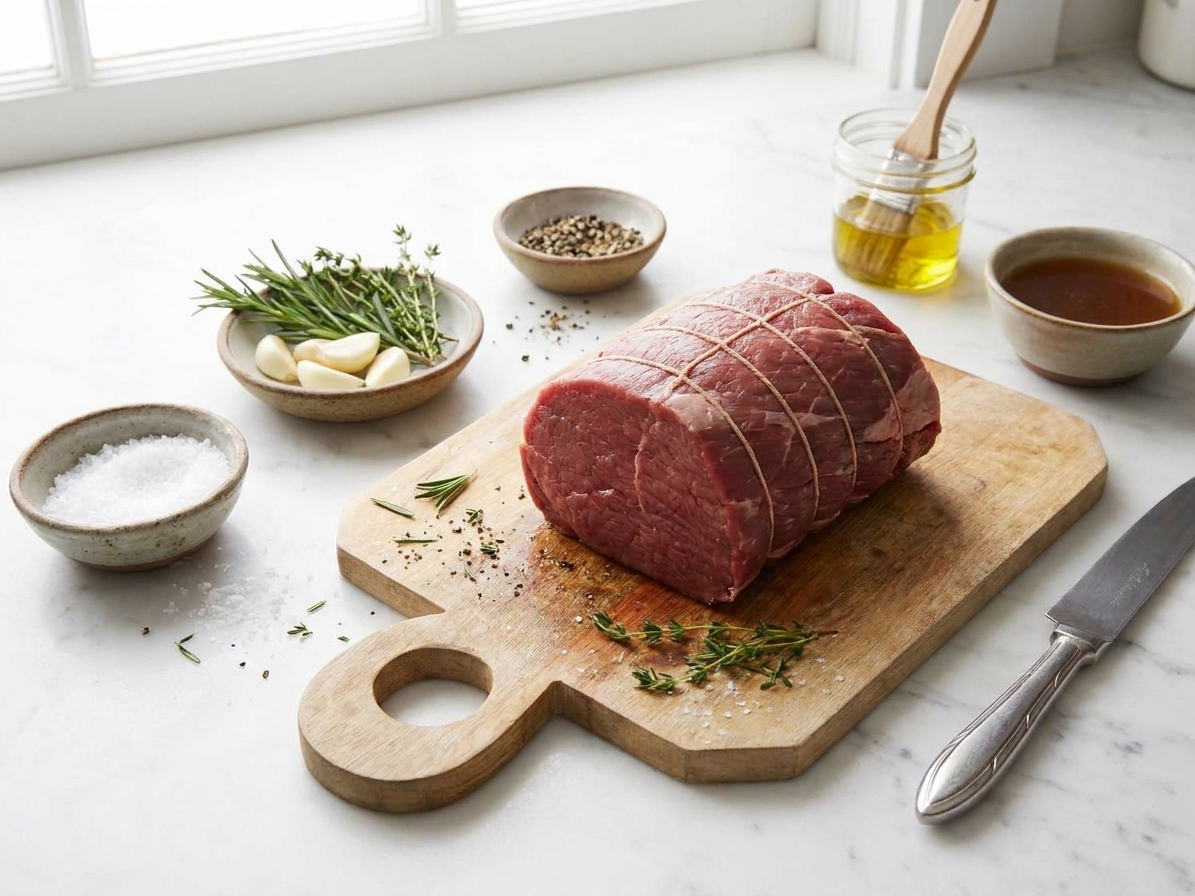 Raw eye of round roast on a tray with small bowls of salt, black pepper, garlic, rosemary, thyme, olive oil, and beef broth on a bright kitchen counter