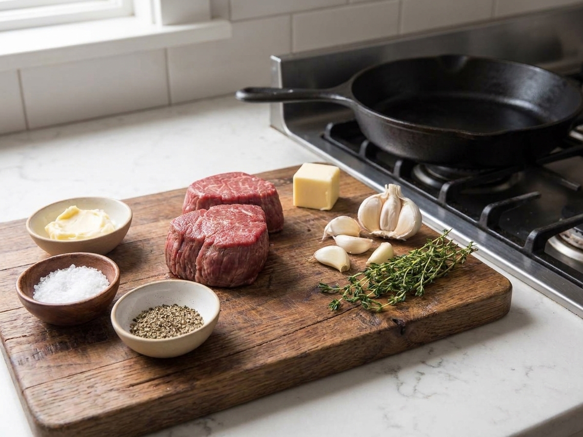 Raw filet mignon steaks, kosher salt, black pepper, butter, garlic, and fresh thyme arranged on a light kitchen counter with a cast iron skillet nearby