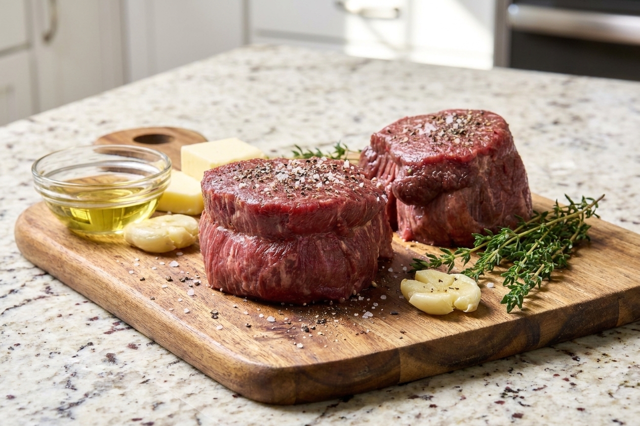 Raw filet mignon steaks on a cutting board with kosher salt, black pepper, garlic cloves, fresh thyme, butter, and a small bowl of neutral oil on a clean kitchen counter