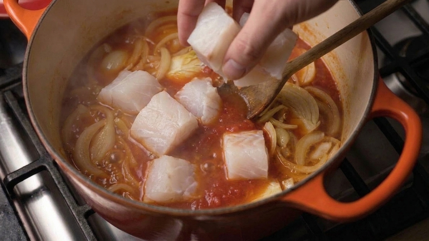 Raw fish chunks being added to a simmering tomato broth in a pot