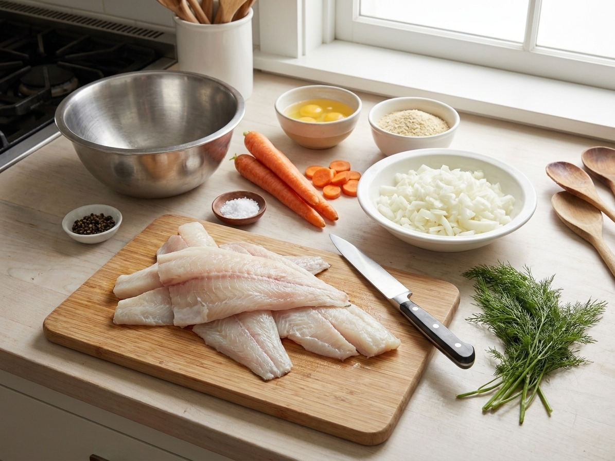Raw fish fillets, onions, carrots, eggs, matzo meal, salt, pepper, and fresh dill laid out on a light kitchen counter with a cutting board and mixing bowl