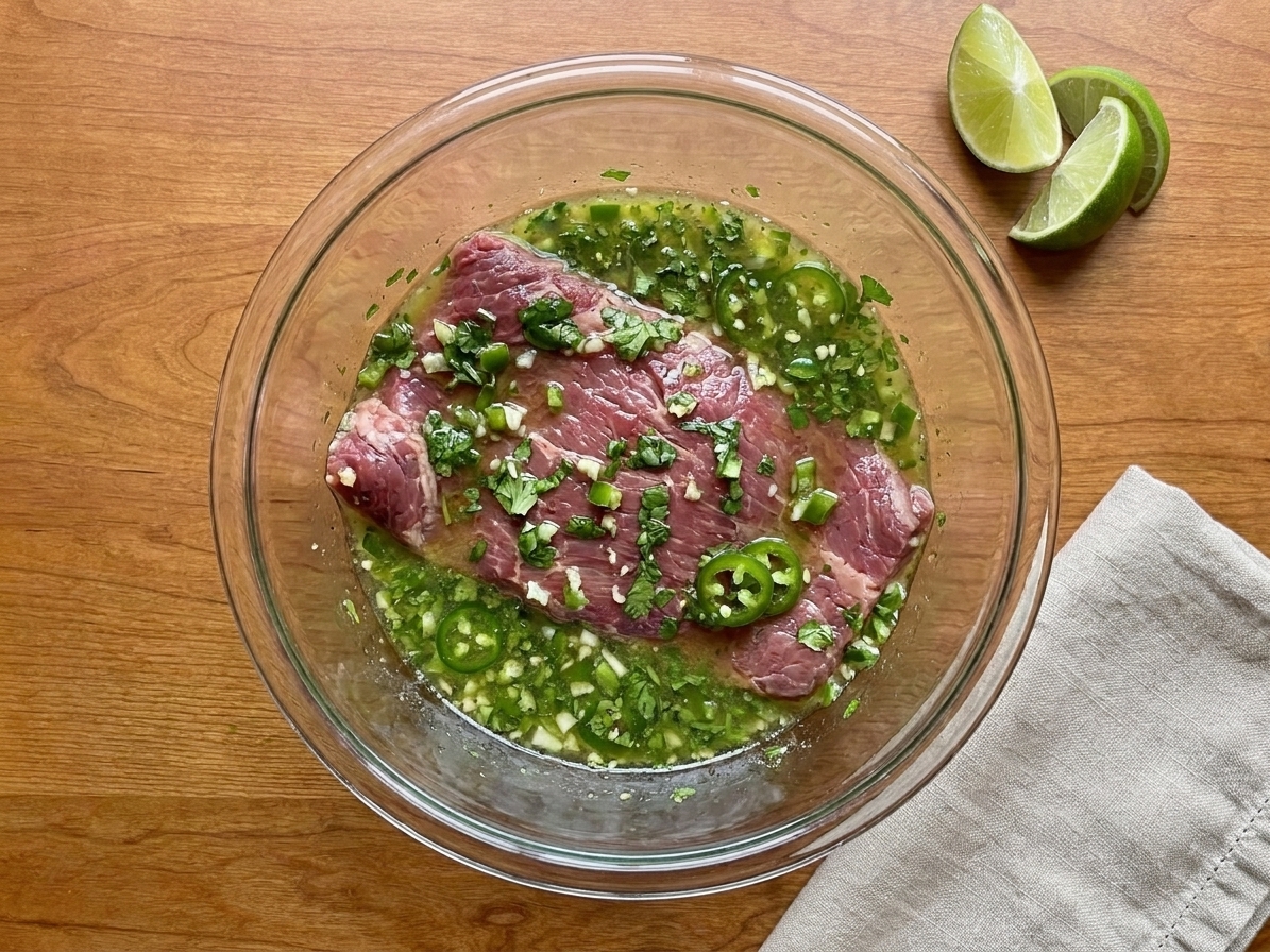 Raw flank steak in a glass bowl coated with citrus marinade with visible cilantro, garlic, and jalapeno on a kitchen counter