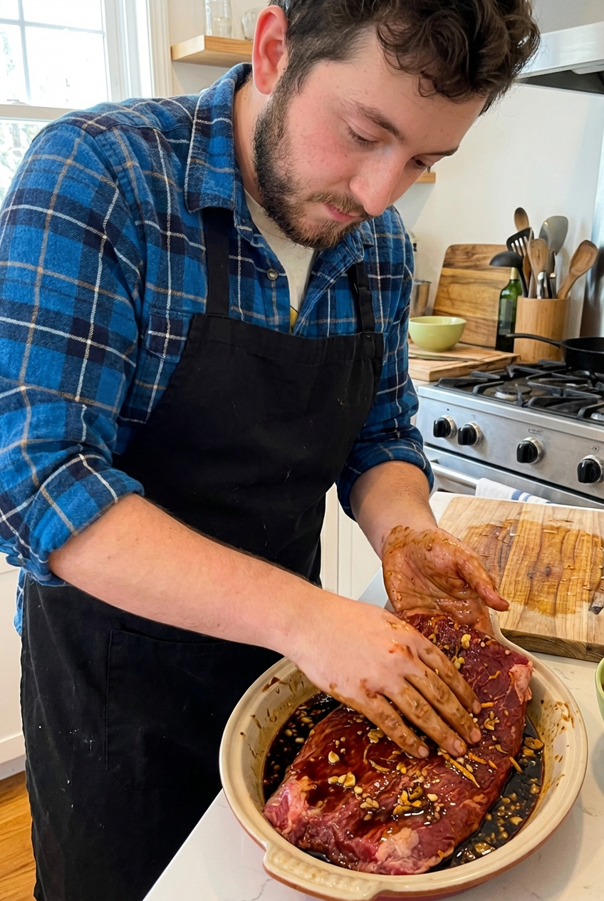 Raw flank steak in a shallow dish being coated in a glossy soy citrus garlic marinade