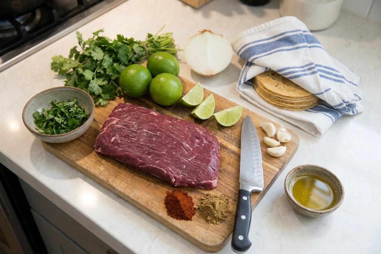 Raw flank steak, limes, cilantro, white onion, corn tortillas, garlic, chili powder, cumin, and a small bowl of oil arranged on a bright kitchen counter