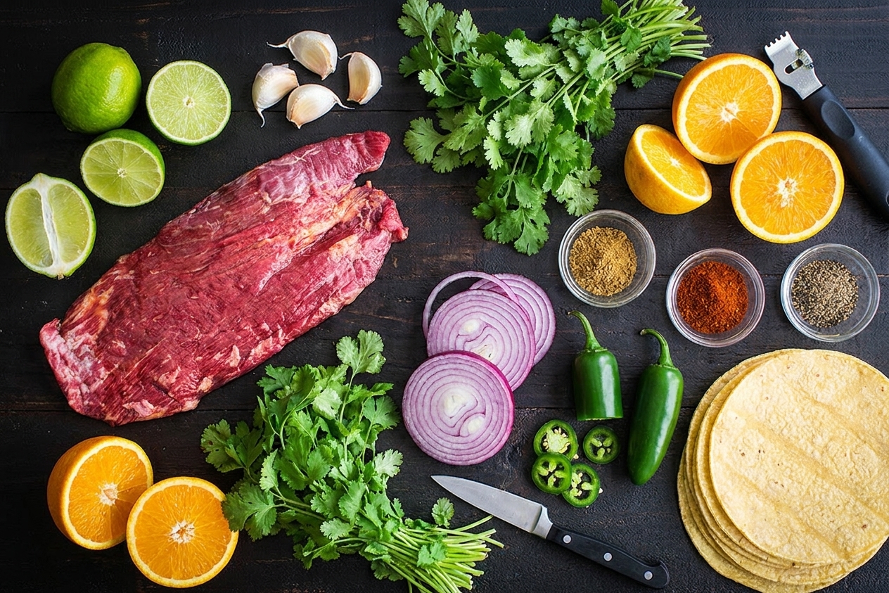 Raw flank steak, limes, oranges, garlic, cilantro, onions, jalapenos, spices, and corn tortillas arranged on a clean kitchen counter