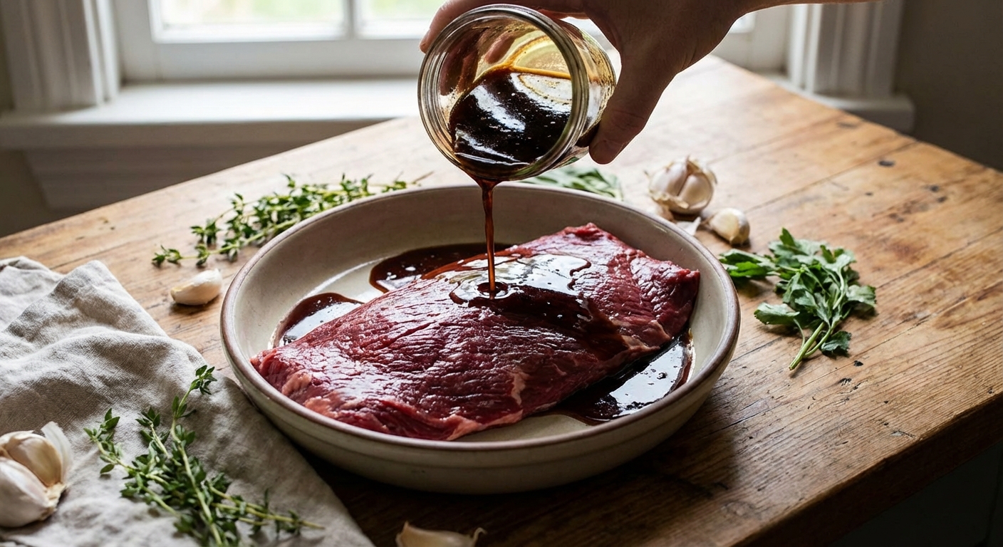Raw flank steak resting in a shallow dish while a dark marinade is poured over it