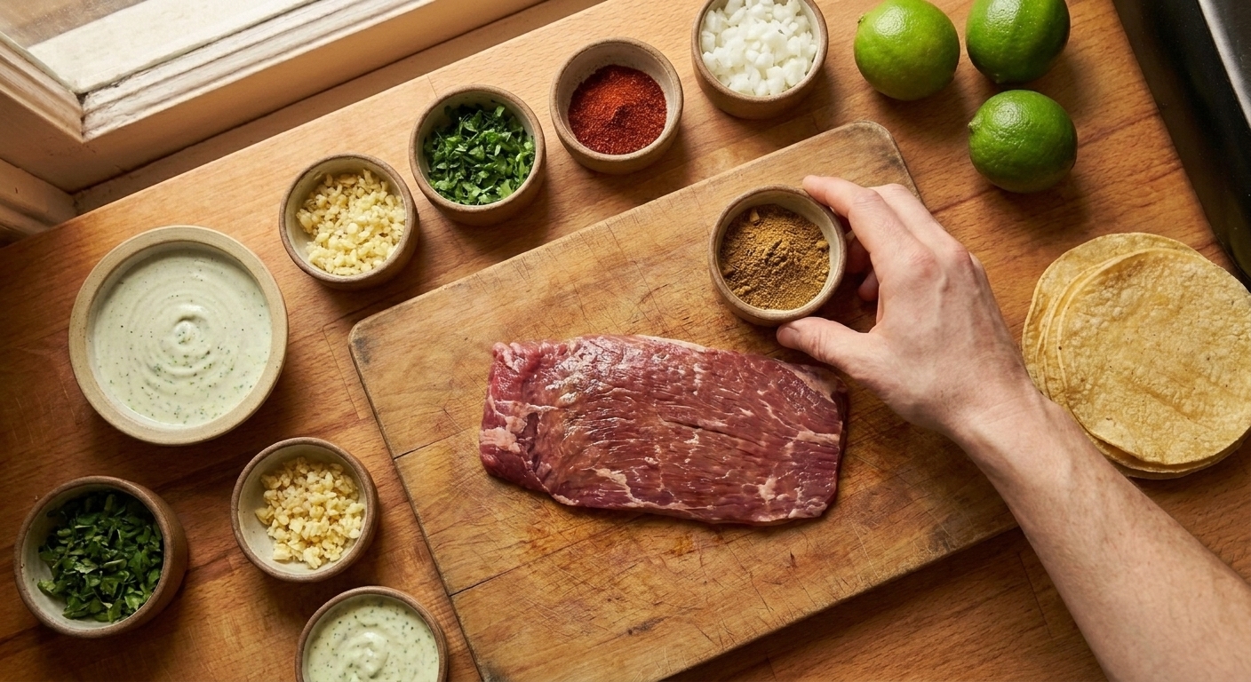 Raw flank steak, small bowls of spices, limes, garlic, cilantro, onion, tortillas, and a small bowl of sour cream arranged on a clean kitchen counter in soft natural light
