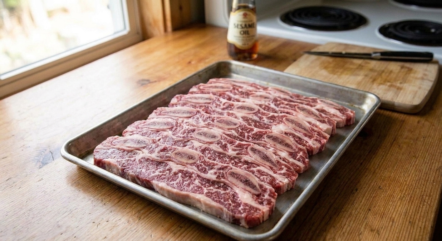 Raw flanken-cut beef short ribs laid out on a tray, showing thin slices across bone on a kitchen counter