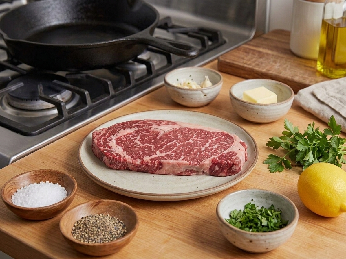 Raw flat iron steak on a plate with small bowls of kosher salt, black pepper, minced garlic, butter, fresh parsley, and a lemon on a tidy kitchen counter