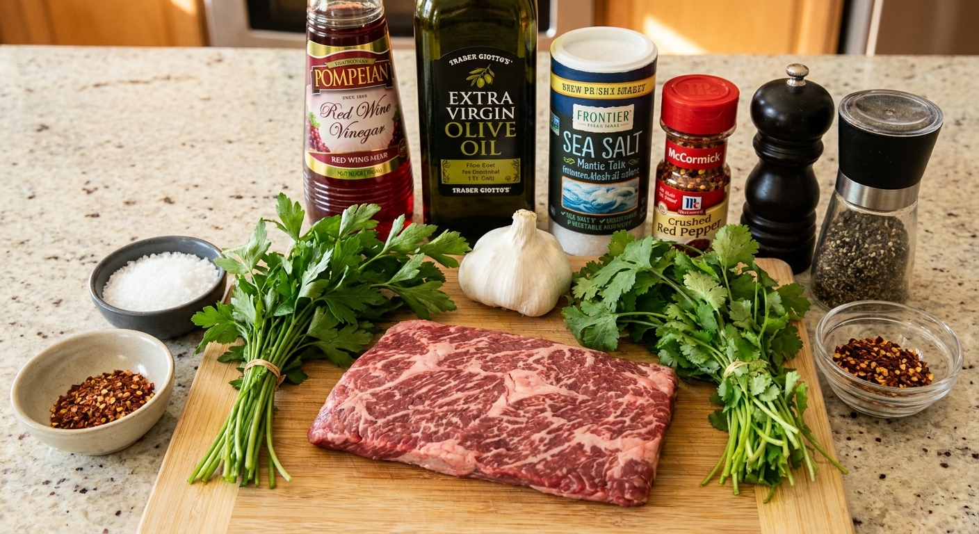 Raw flat iron steak, parsley, cilantro, garlic, red wine vinegar, olive oil, salt, pepper, and red pepper flakes arranged on a light kitchen counter