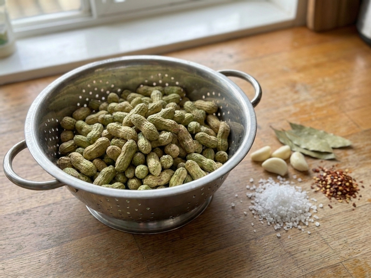 Raw green peanuts in a colander beside kosher salt, garlic, bay leaves, and chili flakes on a bright kitchen counter