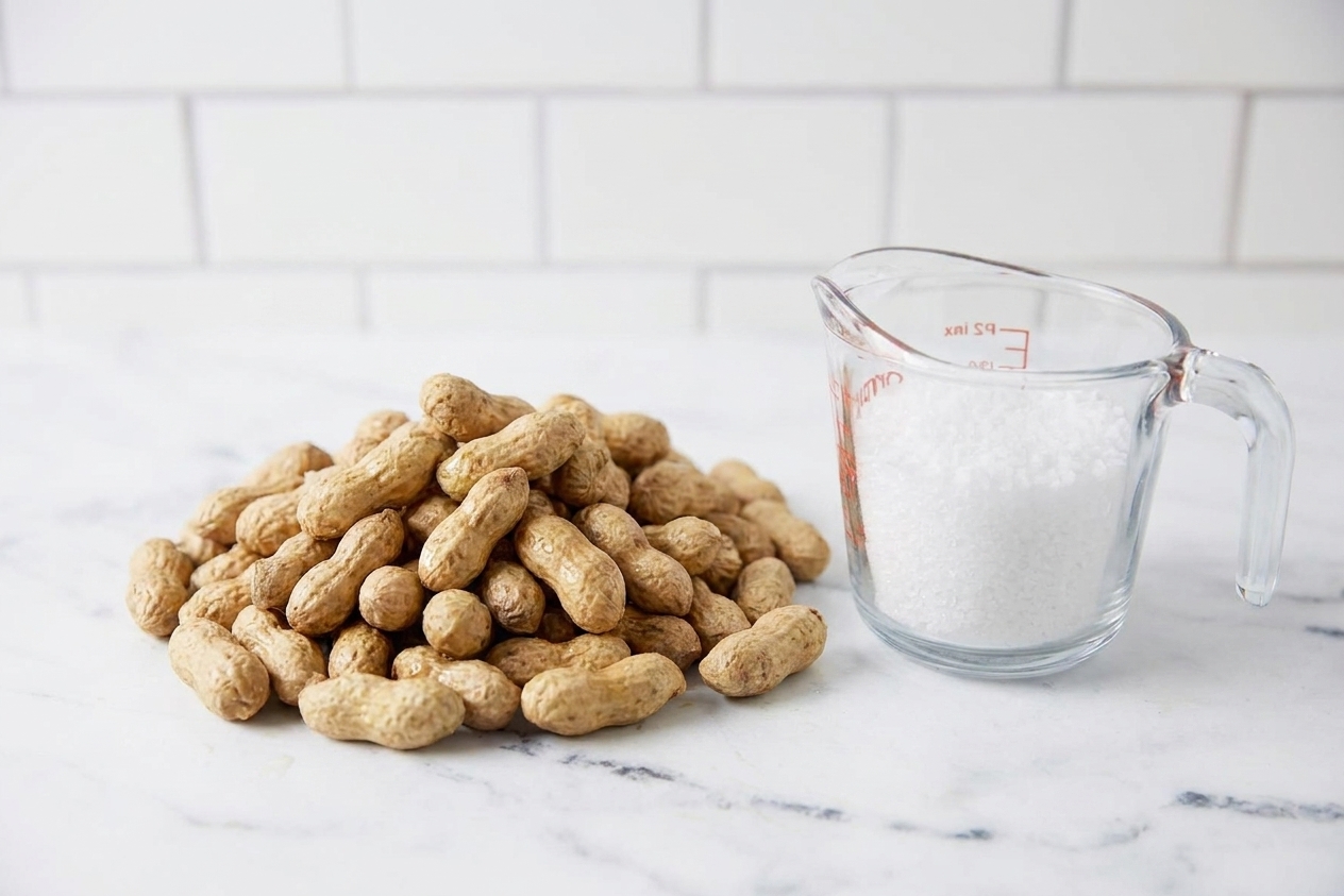 Raw green peanuts in the shell on a kitchen counter next to a measuring cup of kosher salt