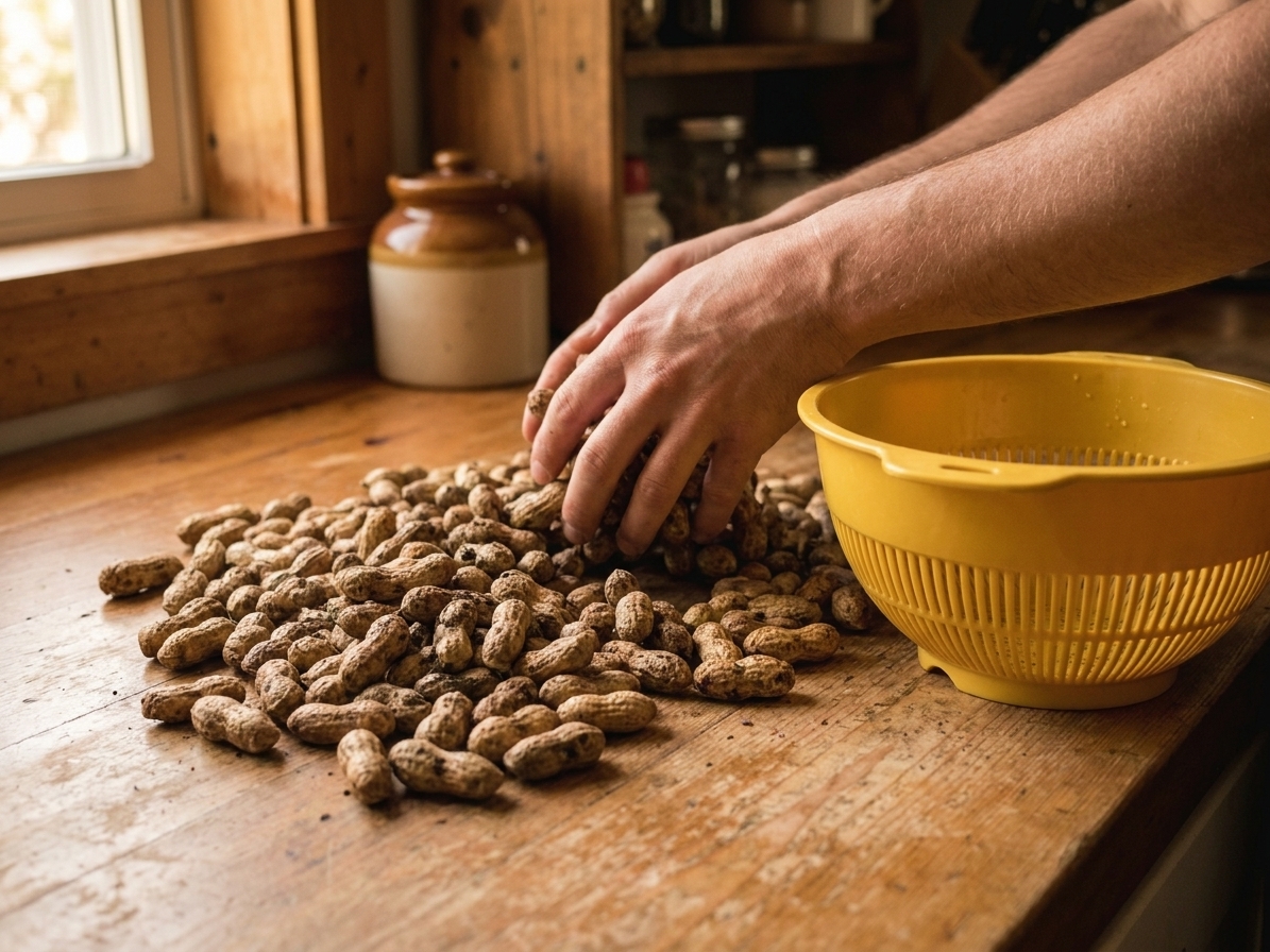 Raw green peanuts in the shell scattered on a kitchen counter next to a colander, ready to be rinsed