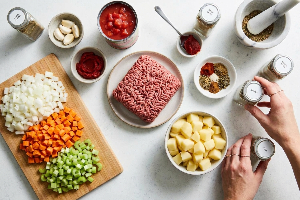 Raw ground beef, diced onions, carrots, celery, garlic, canned tomatoes, tomato paste, potatoes, and spices arranged on a kitchen counter