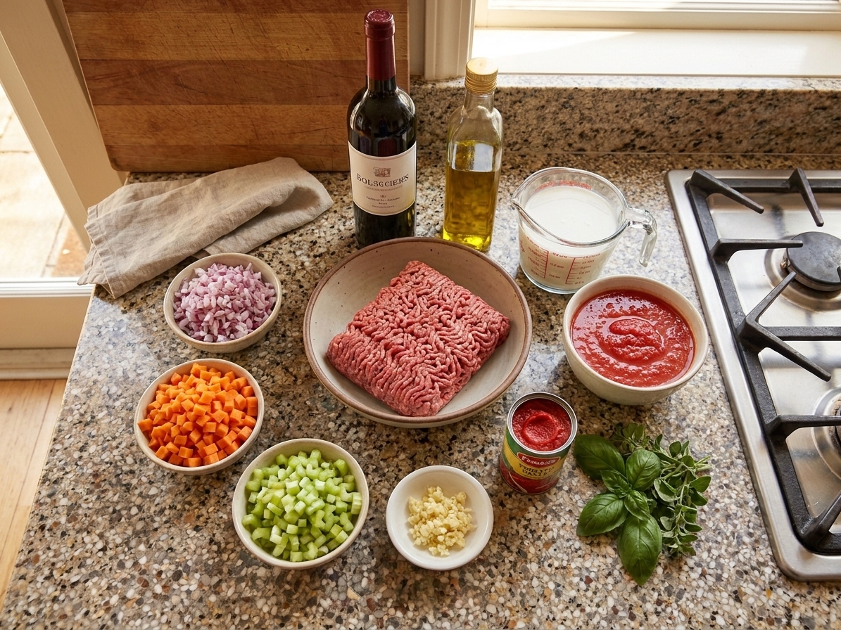 Raw ground beef, onion, carrot, celery, garlic, tomato paste, crushed tomatoes, milk, red wine, olive oil, and herbs arranged on a clean kitchen counter in warm natural light