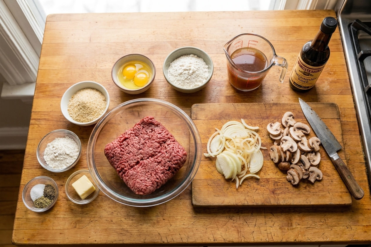 Raw ground beef, sliced onions, sliced mushrooms, eggs, breadcrumbs, beef broth, Worcestershire sauce, flour, butter, and seasonings arranged on a bright kitchen counter