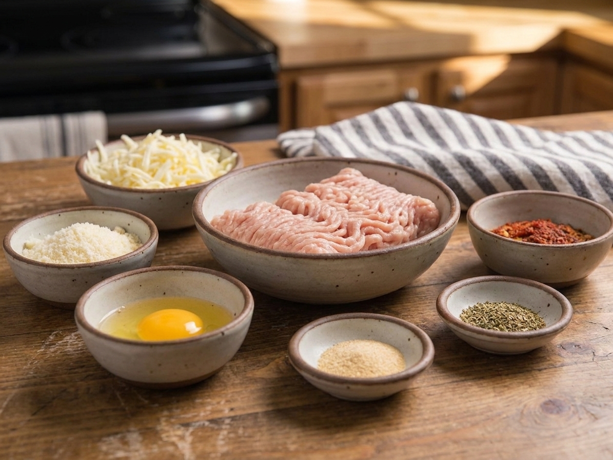 Raw ground chicken, shredded mozzarella, grated parmesan, an egg, garlic powder, and Italian seasoning arranged in small bowls on a neutral kitchen counter
