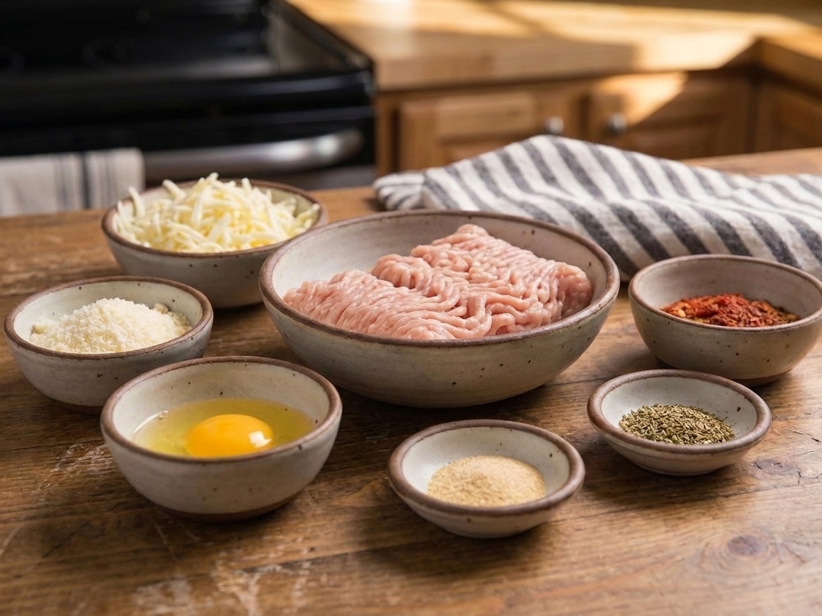 Raw ground chicken, shredded mozzarella, grated parmesan, an egg, garlic powder, and Italian seasoning arranged in small bowls on a neutral kitchen counter