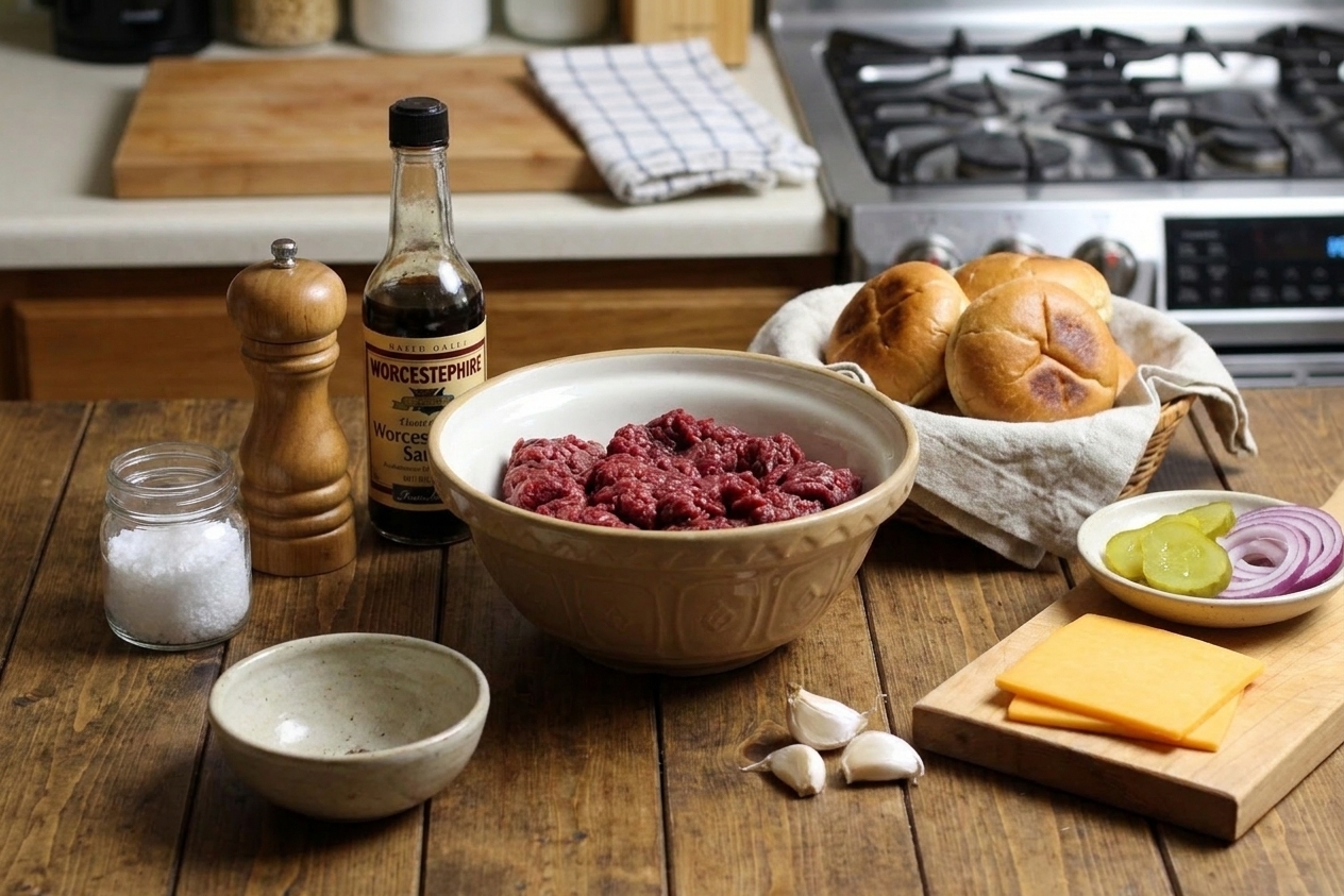 Raw ground venison in a bowl surrounded by salt, pepper, Worcestershire sauce, garlic, buns, cheese, and toppings arranged on a clean kitchen counter