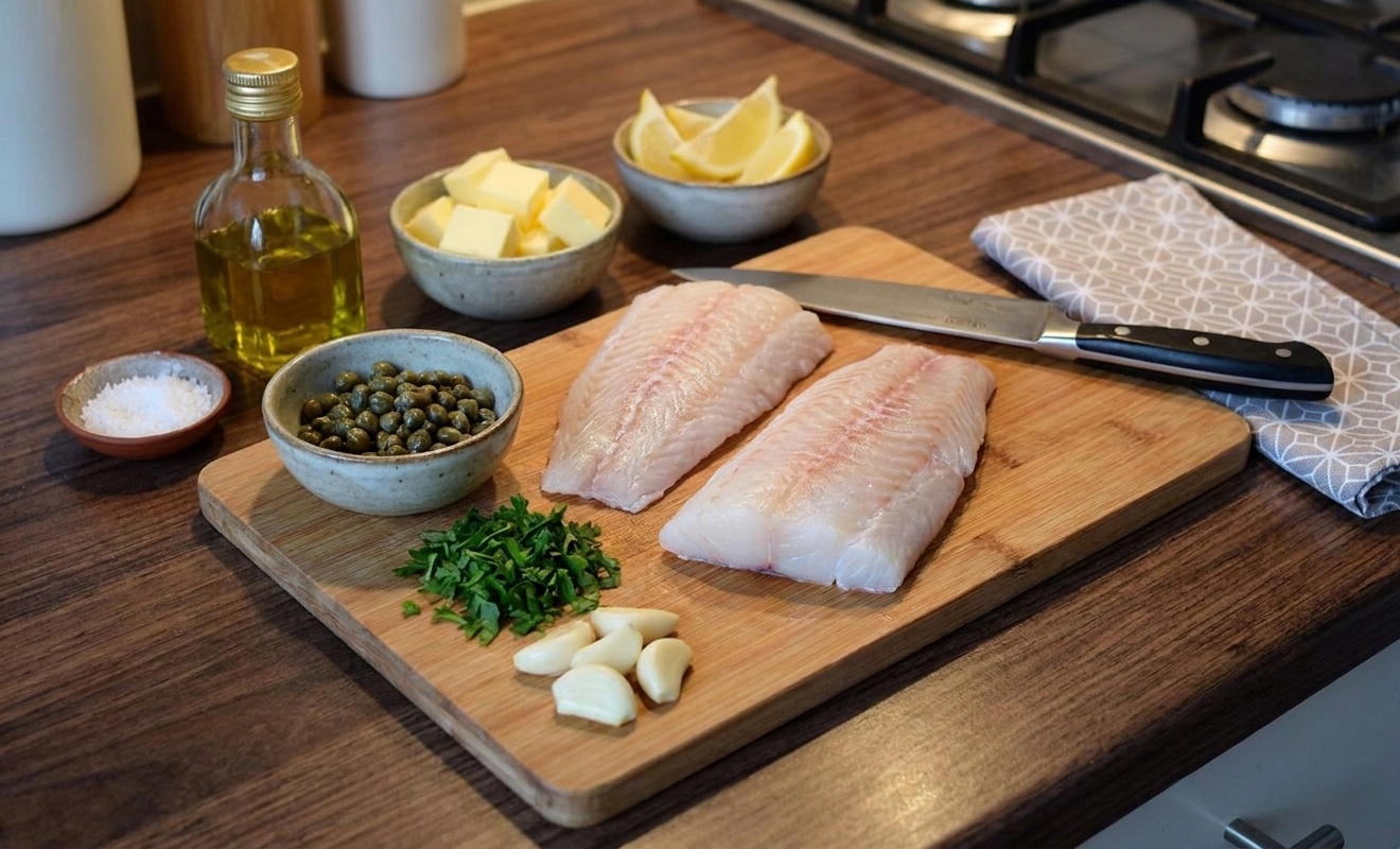 Raw grouper fillets, lemon, capers, garlic, butter, parsley, and olive oil arranged on a clean kitchen counter with a cutting board and small bowls