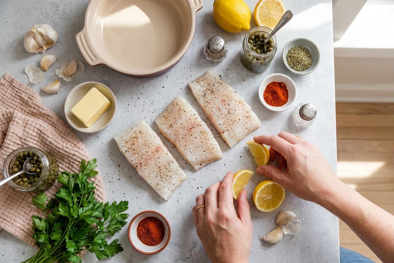 Raw halibut fillets, lemon, butter, garlic, capers, parsley, and spices arranged on a light kitchen counter next to a small baking dish