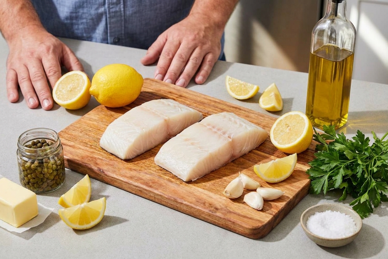 Raw halibut fillets, lemons, capers, butter, garlic, parsley, olive oil, and kosher salt arranged on a light kitchen counter with a cutting board