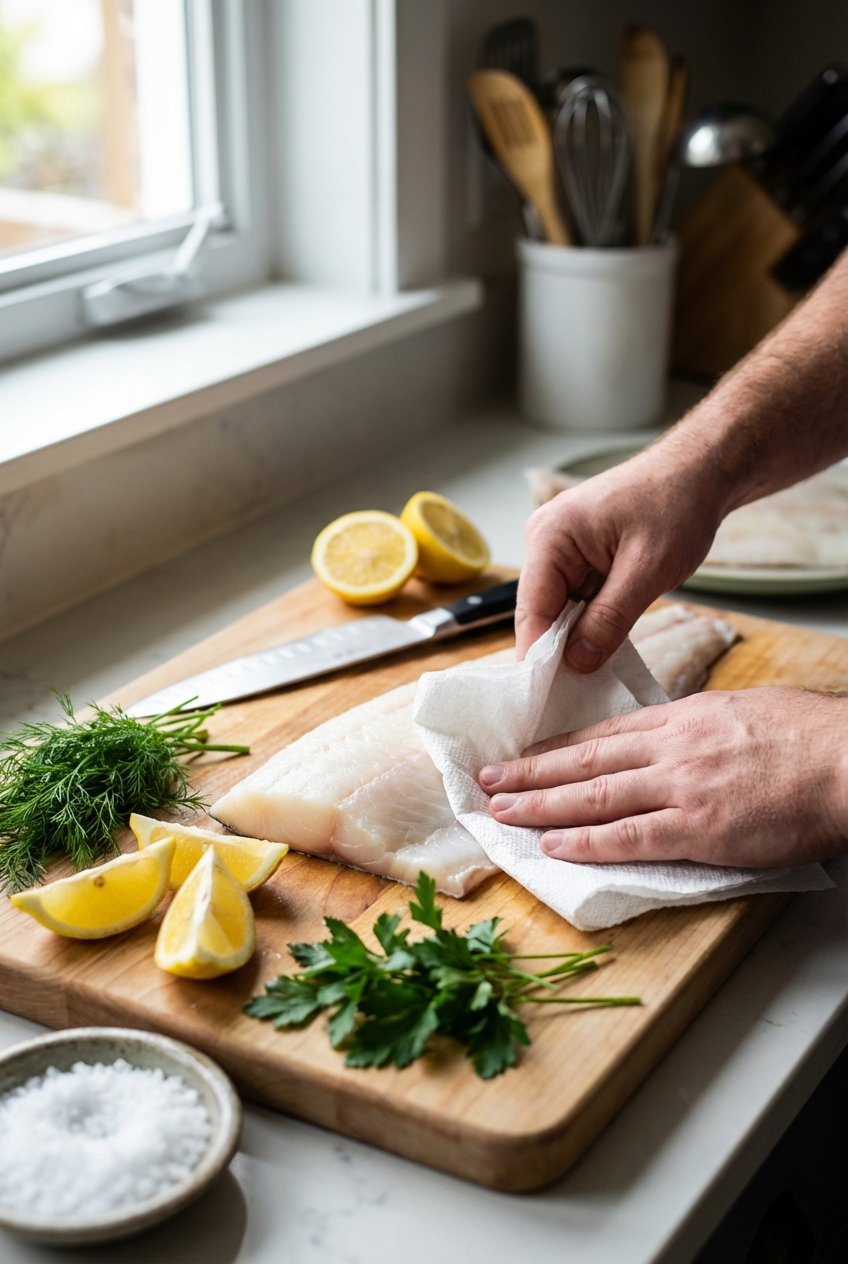 Raw halibut fillets on a cutting board being patted dry with paper towels, with lemon and herbs nearby