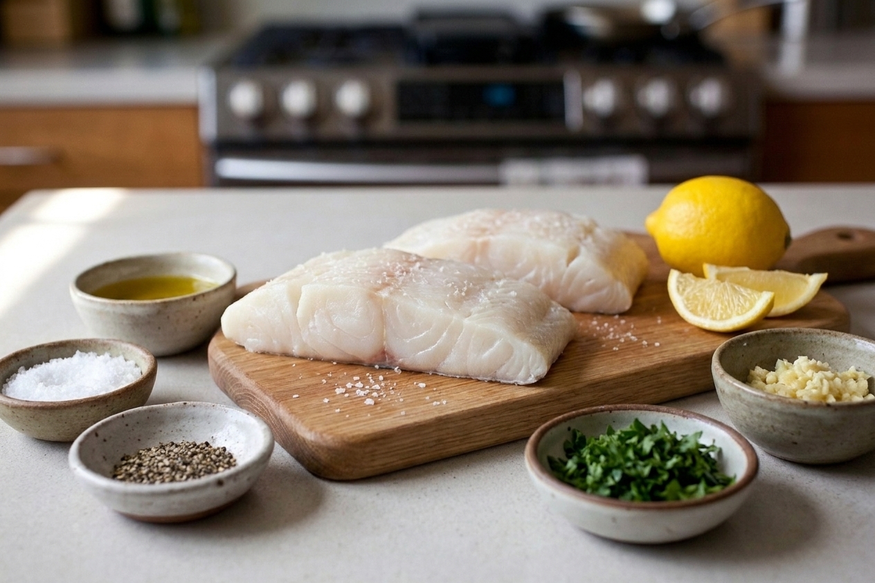 Raw halibut fillets on a cutting board with small bowls of salt, pepper, olive oil, chopped parsley, minced garlic, and a lemon on a neutral kitchen counter
