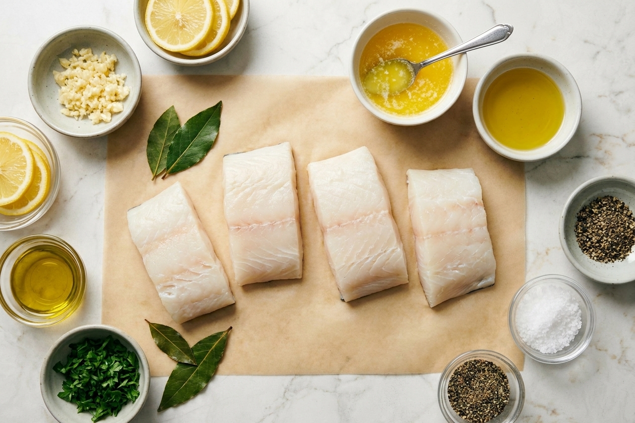 Raw halibut fillets on parchment with small bowls of minced garlic, lemon slices, melted butter, olive oil, salt, pepper, and chopped parsley on a bright kitchen counter