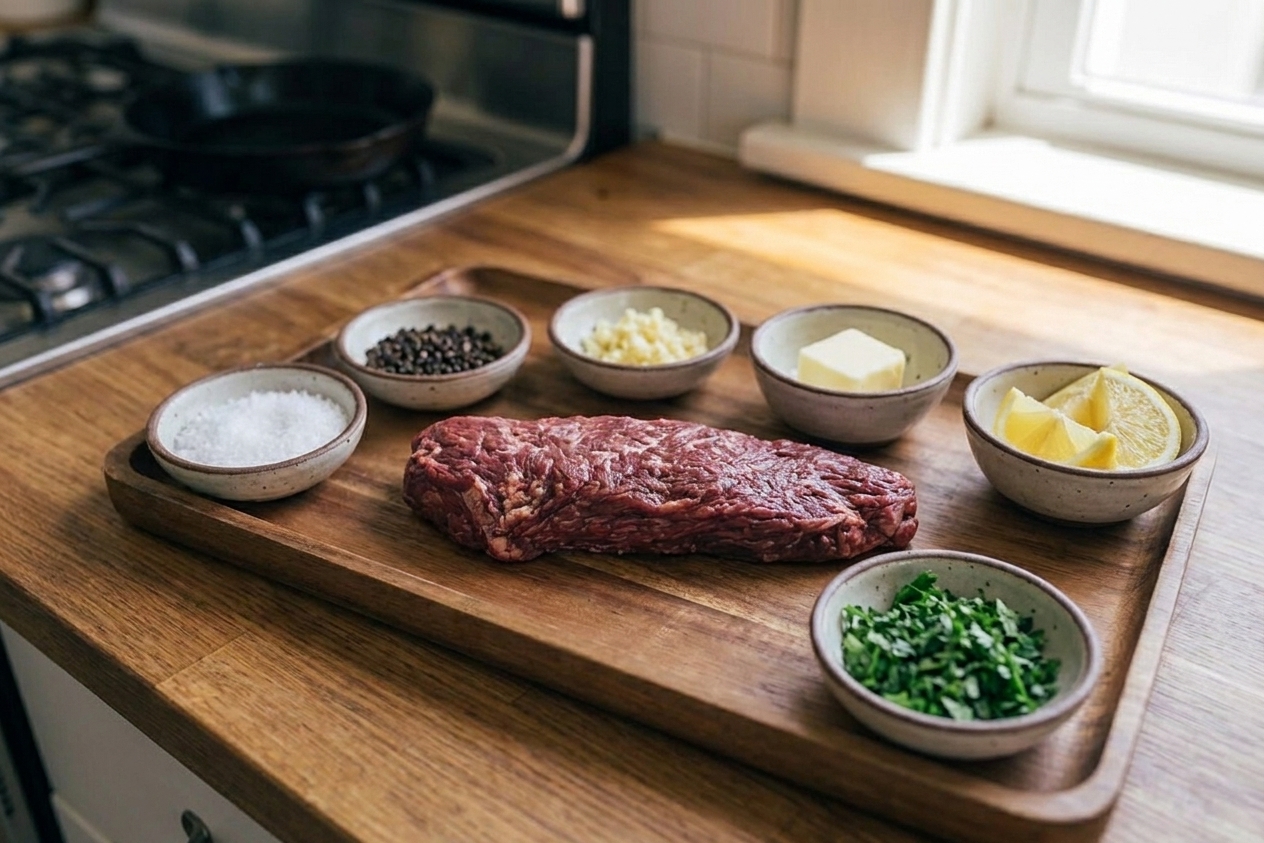 Raw hanger steak on a tray with small bowls of kosher salt, black pepper, minced garlic, butter, lemon, and chopped parsley arranged on a wooden kitchen counter